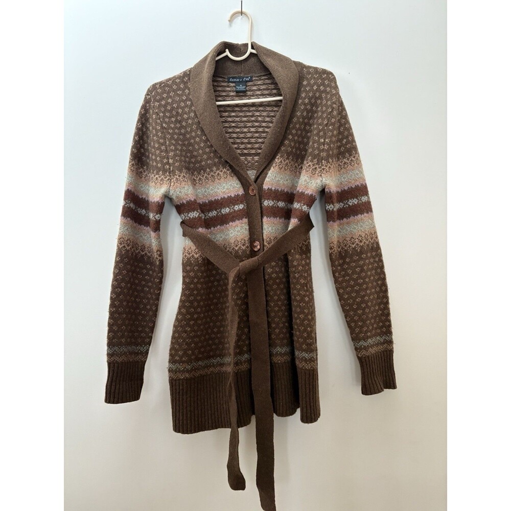 Ladies Eagles Eye Brown Faire Isle Belted Button Collar Cardigan Sweater Size M